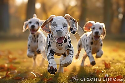 Playful Dalmatians Small dogs frolic and run in sunny backlight Stock Photo