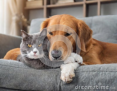 A playful dog and cat cuddling together on a cozy couch Stock Photo