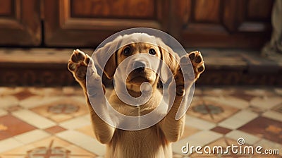 Eager dog stands on the floor, paws lifted in anticipation, awaiting playtime, Ai Generated Stock Photo