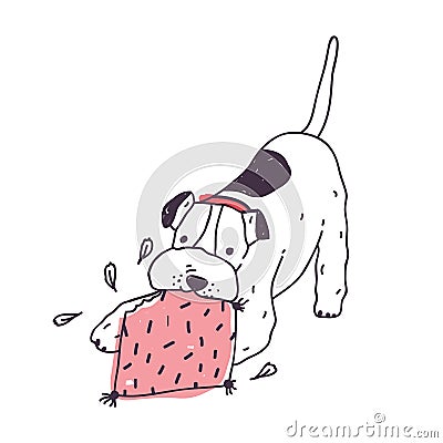 Playful dog tearing or gnawing pillow. Cute naughty puppy or nasty doggy isolated on white background. Bad behavior of Vector Illustration