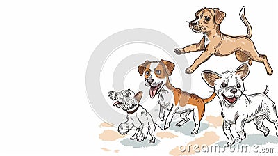 Playful Dogs Enjoying Outdoor Activity, Hand-Drawn Illustration Stock Photo