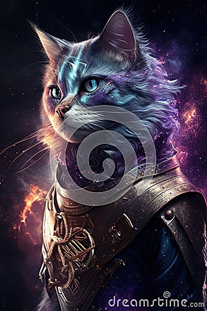 In a playful and dreamy illustration, a cat wearing galaxy fashion is portrayed with a touch of cosmic magic and charm, capturing Cartoon Illustration