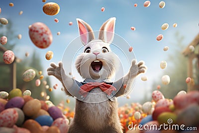 Playful Easter bunny juggling decorated eggs Stock Photo