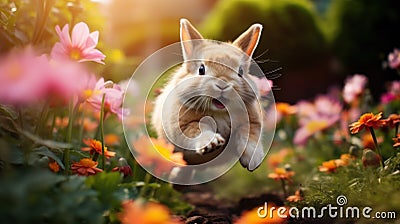 Playful easter bunny running and jumping in garden with vibrant flowers Stock Photo