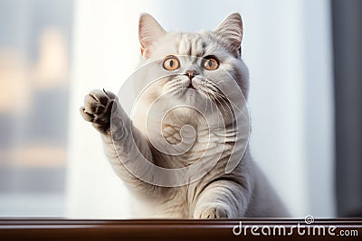 Playful elegance British Shorthair cat, white background, paw gracefully raised Stock Photo
