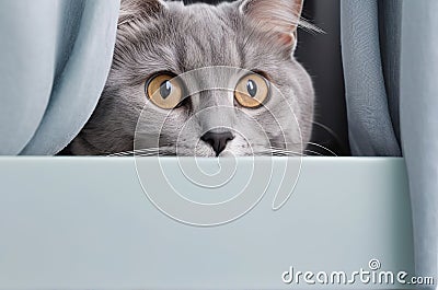 Playful Elegance: Grey Purebred Cat Posing Playfully and Peeking Out. Stock Photo