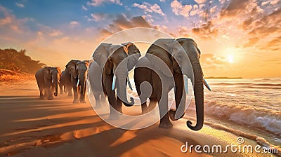 Playful Elephants on Baltic Sea Beach. Generative AI Stock Photo