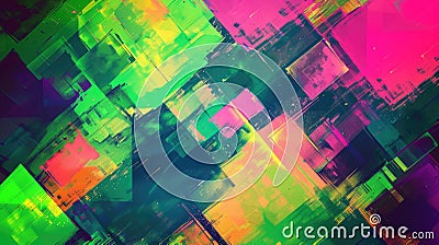 Playful and energetic abstract squares with pixelated texture, neon green, pink, and cyan, dynamic design for tech Stock Photo