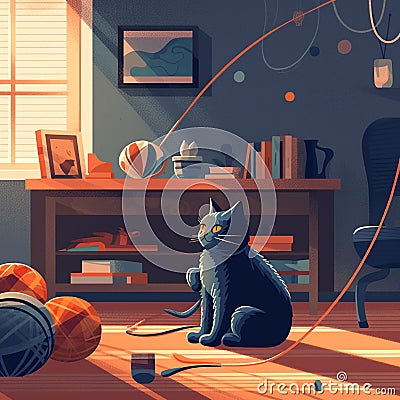 Playful Feline: Cat Enjoying Yarn in Cozy Living Room Cartoon Illustration