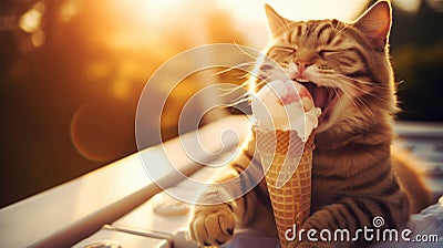 Playful feline relishes ice cream, amusing cat Stock Photo