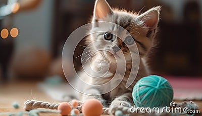 A playful, fluffy kitten with yellow fur playing with wool generative AI Stock Photo