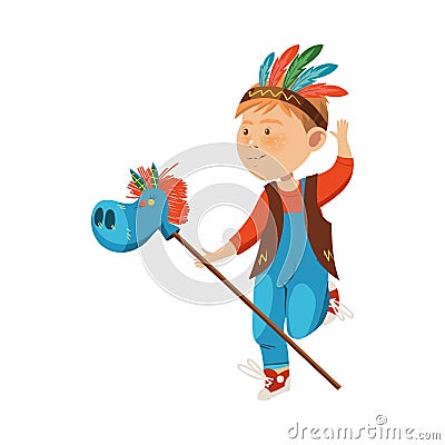 Playful Freckled Boy Character Jumping with Horse Stick Playing Indian Vector Illustration Vector Illustration