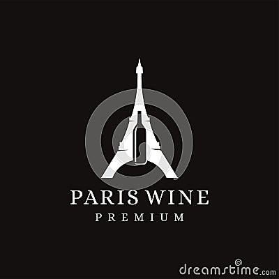 Playful french wine logo, paris eiffel tower landmark and wine bottle logo icon vector template Vector Illustration
