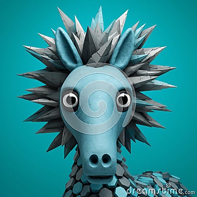 Playful Geometries: 3d Rendering Of Blue Horse With Horns Cartoon Illustration