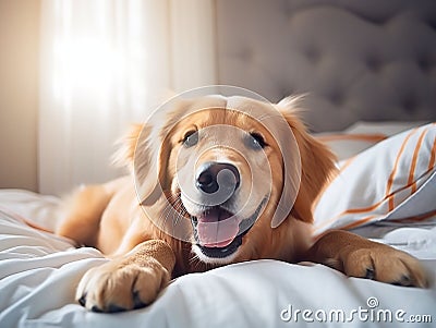 playful golden retriever puppy on bed Stock Photo