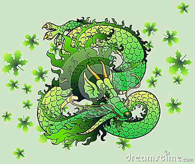 Playful green wood Asian dragon on leaves Vector Illustration