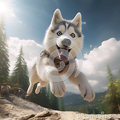 Playful Grey And White Husky Dog Soaring Over Unreal Mountain Landscape Stock Photo
