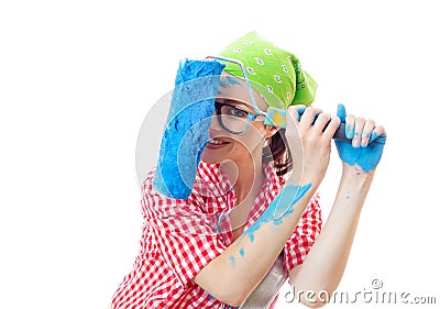 Playful happy woman painter with roller Stock Photo