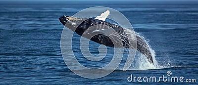 A Playful Humpback Whale Calf Joyfully Leaps Out Of The Ocean Stock Photo