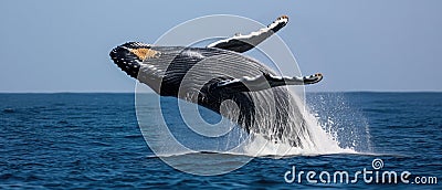 A Playful Humpback Whale Calf Joyfully Leaps Out Of The Ocean Stock Photo