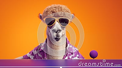 Trendy Llama Ready for Table Tennis in Sunglasses and Floral Shirt Generative AI Stock Photo