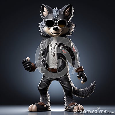 Playful Innocence: Cartoon-like Wolf With Leather Jacket And Sunglasses Stock Photo