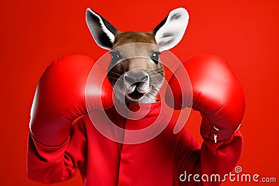Playful Kangaroo with Boxing Gloves Portrait. Generative AI illustration Stock Photo