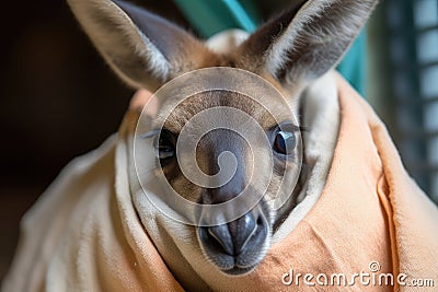 playful kangaroo joey sticking its head out of pouch, with curious expression Stock Photo