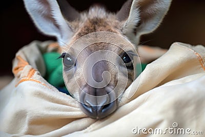 playful kangaroo joey sticking its head out of pouch, with curious expression Stock Photo