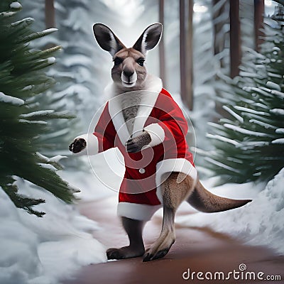 A playful kangaroo in a Santa costume hopping through a snowy forest3 Stock Photo