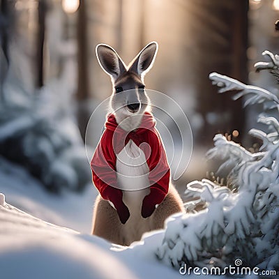 A playful kangaroo in a Santa costume hopping through a snowy forest1 Stock Photo