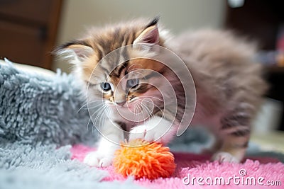 playful kitten, batting and pouncing on fuzzy toy Stock Photo