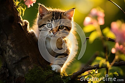 A playful kitten climbing up a tree branch. Stock Photo