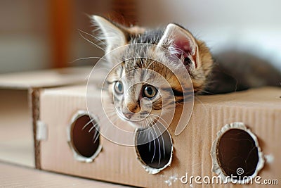 Playful kitten peeking out of a cardboard play box with holes in a home setting, showcasing curiosity Stock Photo