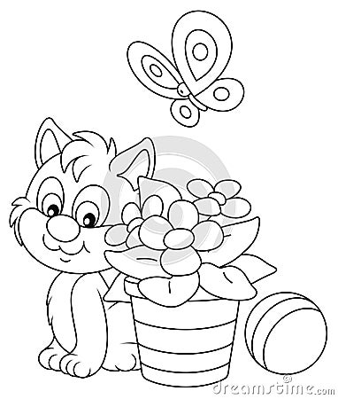 Small kitten with a butterfly and a flower Vector Illustration