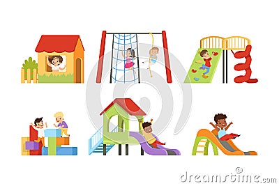 Playful Little Children at Playground Engaged in Different Activity Vector Set Vector Illustration