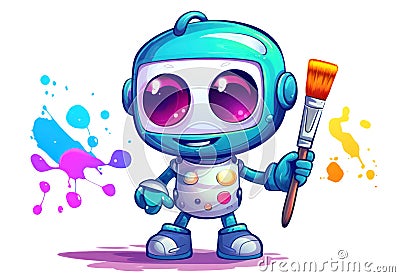 Playful little robot artist with a paintbrush standing full body isolated on white. Generative AI cartoon illustration Cartoon Illustration