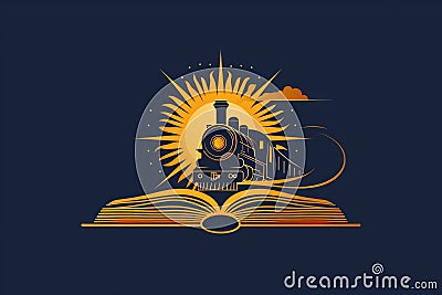 Playful Logo Design: Train Breaking Free from Book with Sun God Theme AI Generated Cartoon Illustration