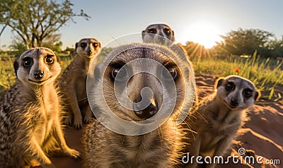 Playful meerkat strikes a pose and snaps a delightful selfie Creating using generative AI tools Stock Photo
