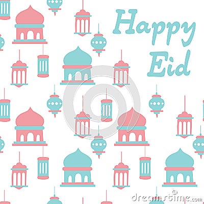 Happy eid card, mosque, lamp, arabic, pop color Vector Illustration