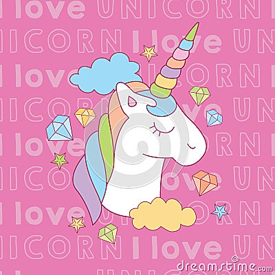 I love unicorn print with diamond star. Vector Illustration