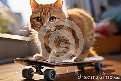 Playful orange tabby cat balances on a mini penny board Stock Photo