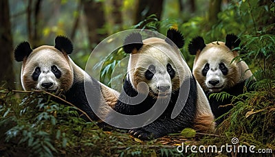 Playful panda cub sitting in bamboo forest, looking at camera generated by AI Stock Photo