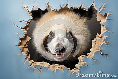 Playful panda peeks through torn wall, framing empty copy space Stock Photo