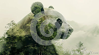 Playful Panda Silhouette in Bamboo Forest Double Exposure Stock Photo