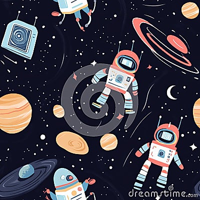 A playful pattern of robots exploring a distant planet, collecting moon rocks, and interacting with floating holograms. Stock Photo