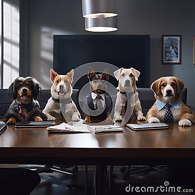 Canine Corporate Coup - Comedic Dogs Commanding a Business Meet Stock Photo