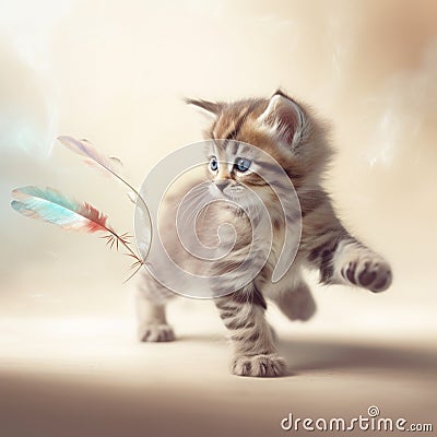 Playful Pixie-bob Kitten Chasing Feather Toy Stock Photo