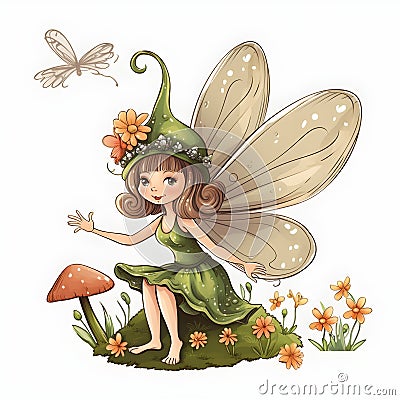 Playful pixie meadows, charming illustration of colorful fairies with cute wings and meadows of playful flowers Cartoon Illustration