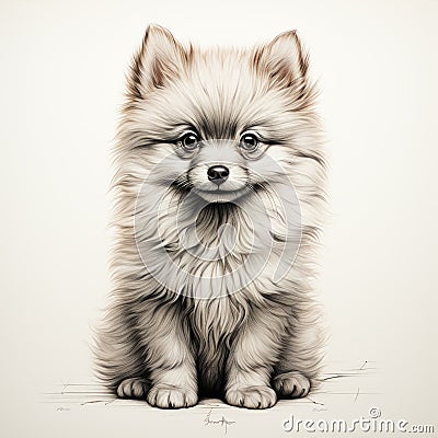 Playful Pomeranian Puppy Drawing In The Style Of Jeremy Geddes Stock Photo